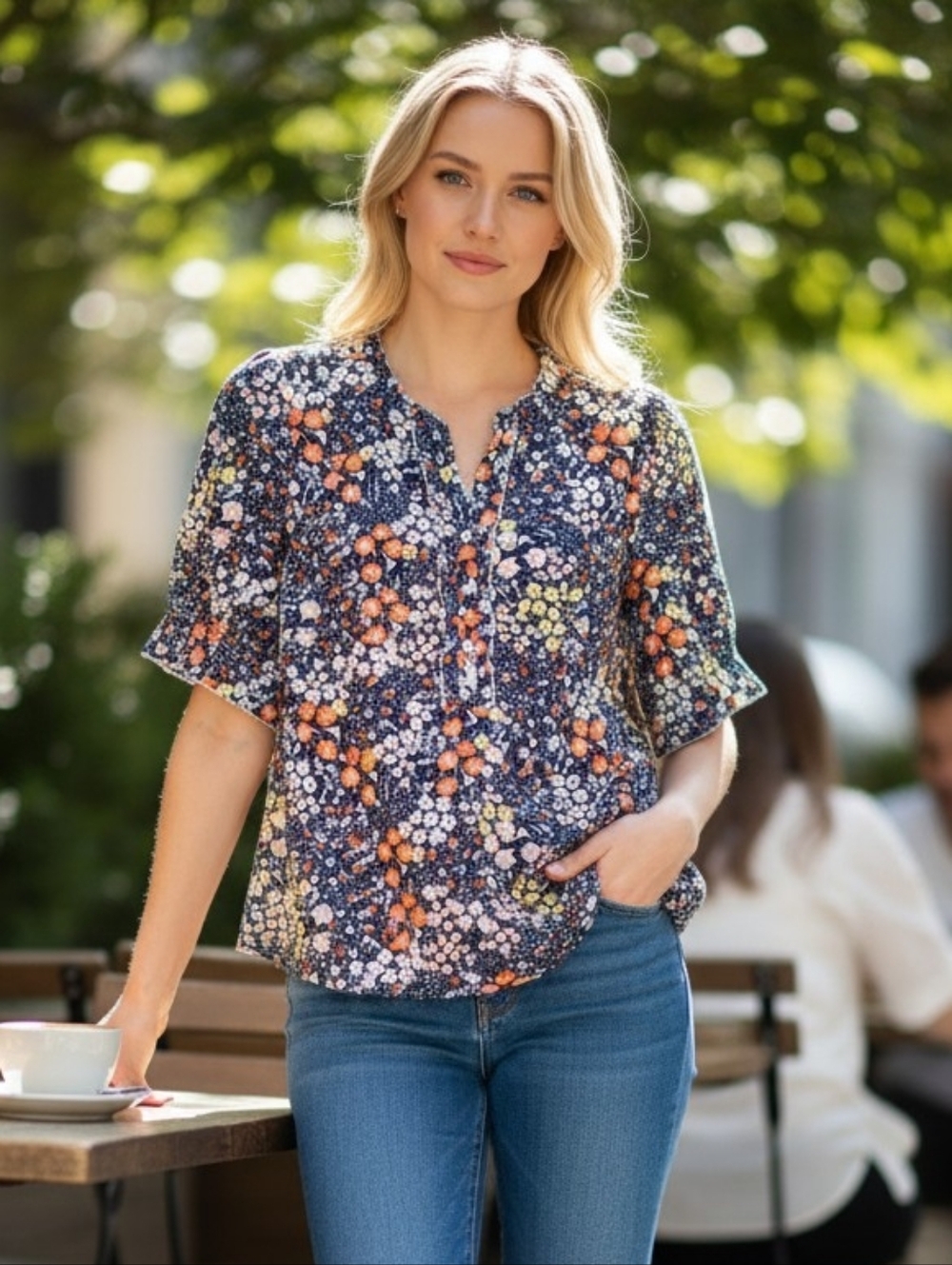 Talbots Navy Floral Short Sleeve Henley Blouse